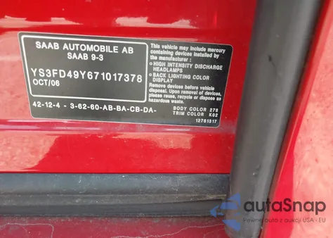 2007 Saab 9-3 2.0T from USA, damaged, VIN YS3FD49Y671017378